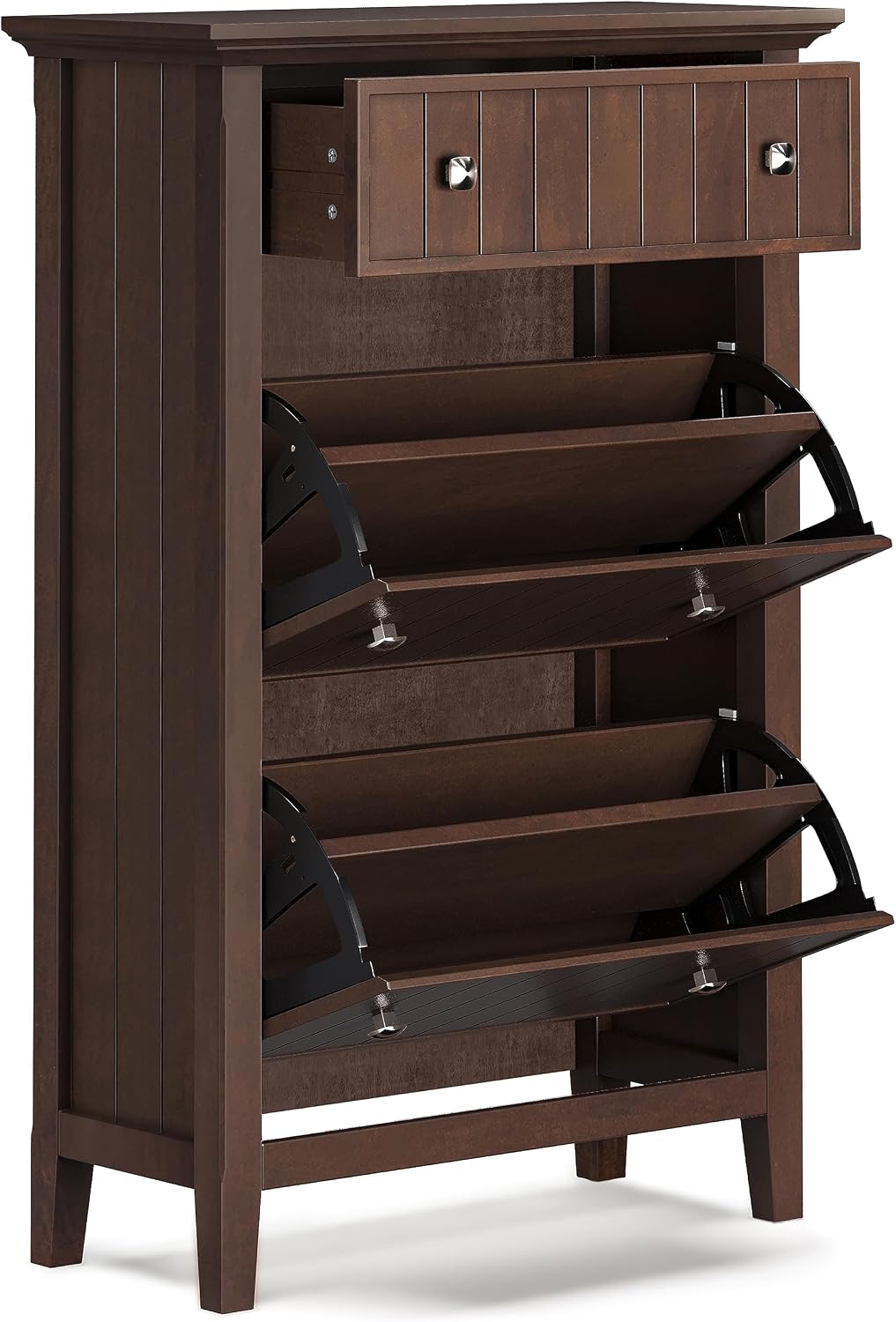 SIMPLIHOME Acadian Solid Wood 36 inch Wide Small Storage Bench and 31.5 inch Wide Shoe Storage Cabinet in Brunette Brown for the Living Room, Entryway, and Family Room, Transitional Style