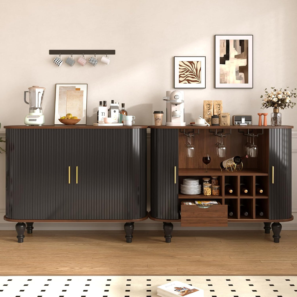 LUMISOL 39" Mid-Century Modern Fluted Wine Bar Cabinet, Wine and Coffee Bar Cabinet with 6-Bottle Wine Rack and 3 Glass Holders, Large Storage Drawer and Side Hidden Storage, Black