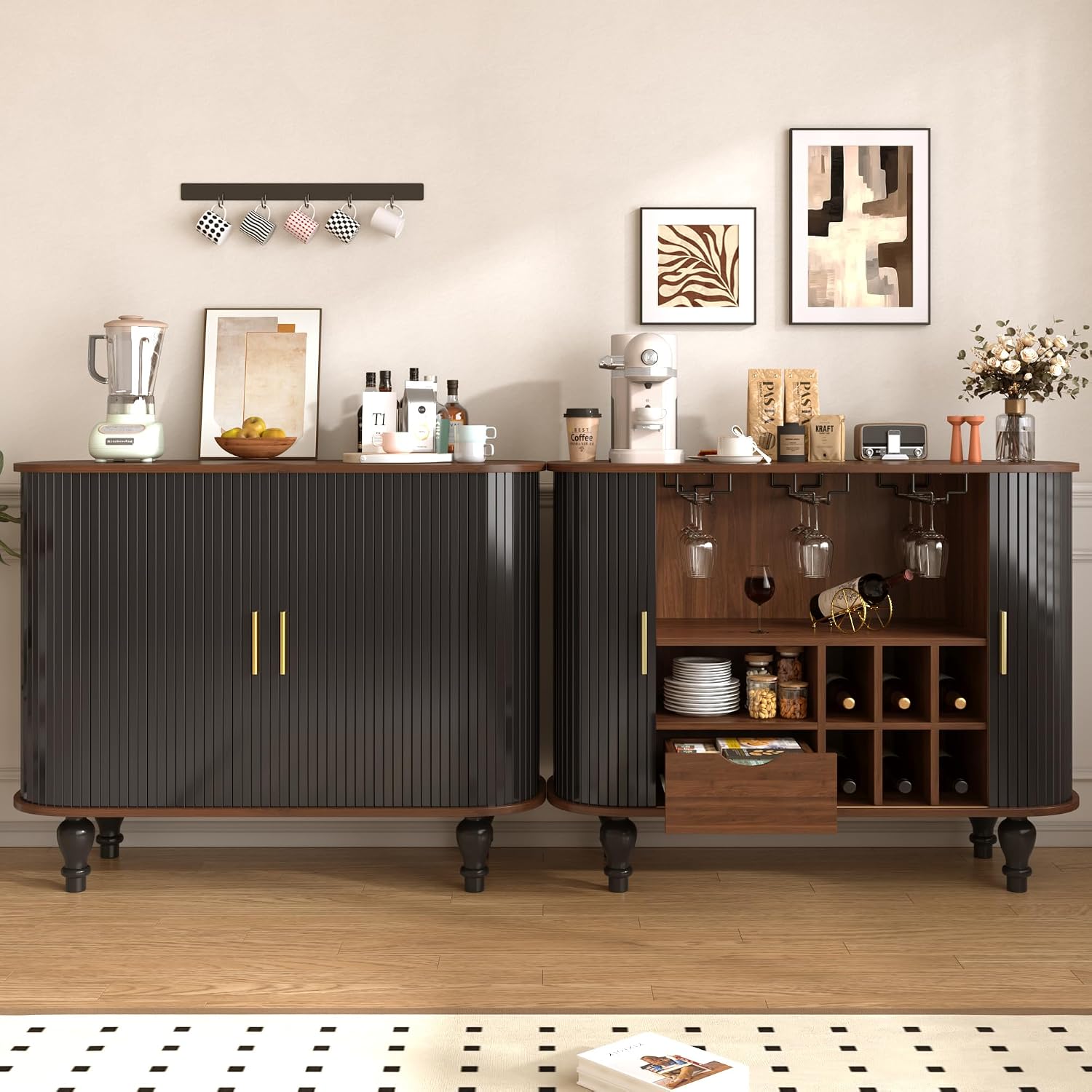 LUMISOL 39" Mid-Century Modern Fluted Wine Bar Cabinet, Wine and Coffee Bar Cabinet with 6-Bottle Wine Rack and 3 Glass Holders, Large Storage Drawer and Side Hidden Storage, Black