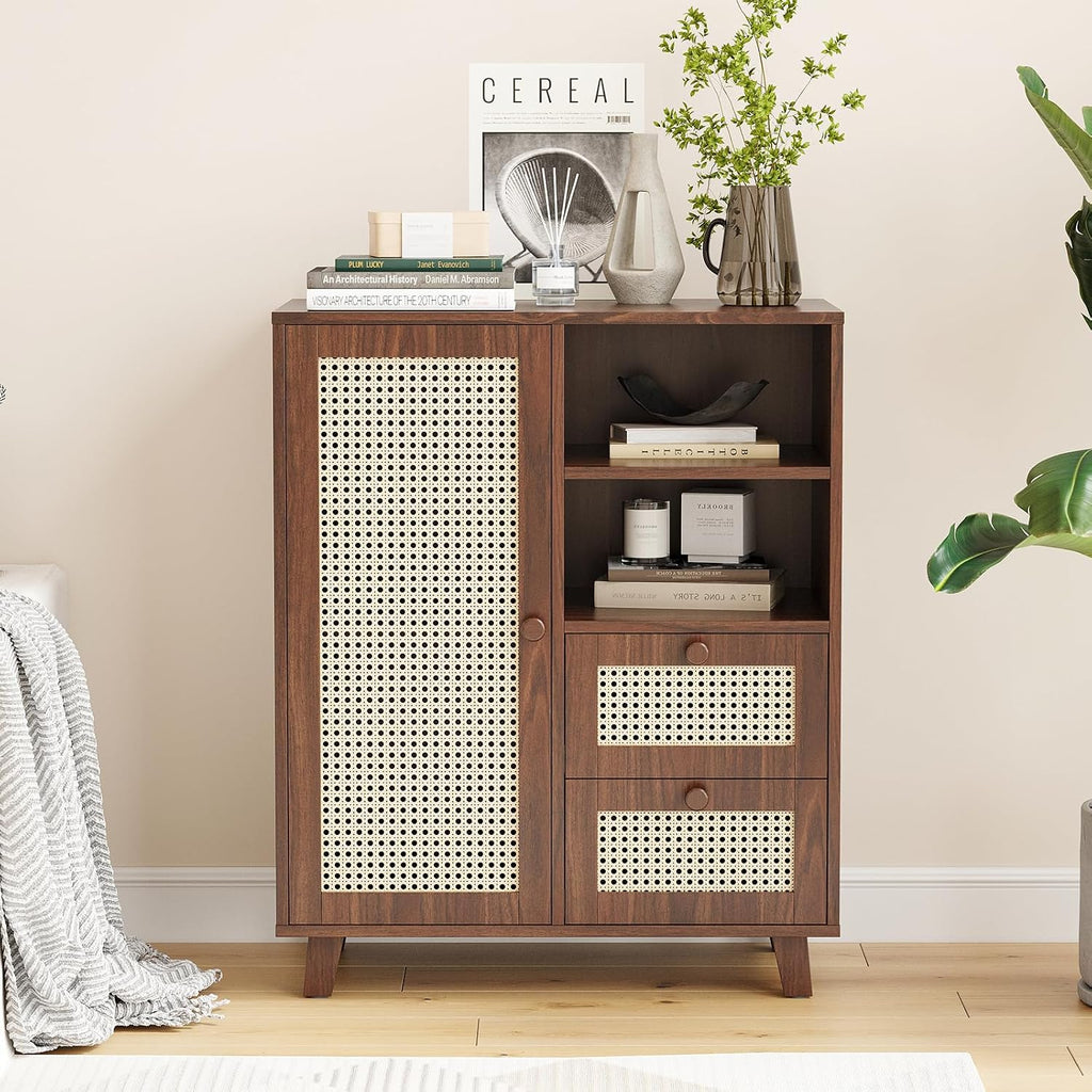 Farini Side Buffet Cabinet with Rattan Doors,Kitchen Sideboard with 2 Drawers Coffee Bar Storage Console Table,Walnut,27.6 inch