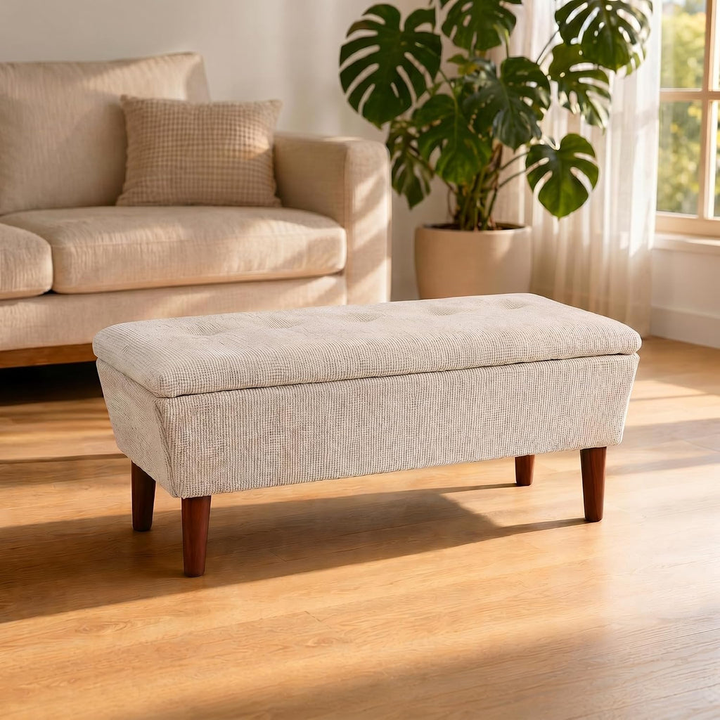 42" Rectangular Linen Ottoman Bench, Modern Low Footrest Stool with Solid Wood Tapered Legs, Multi-Use Entryway Shoe Bench & End of Bed Bench for Living Room/Bedroom