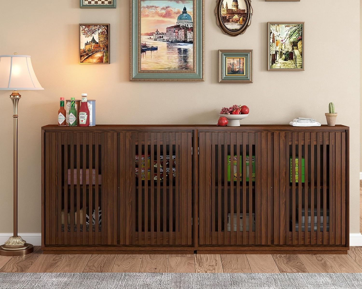 LKTART Mid Century Modern Sideboard Buffet Storage Cabinet, Narrow Credenza Entryway Cabinet with 2 Doors,Media Console Table for Living Room,Hallway-Walnut,2 Piece