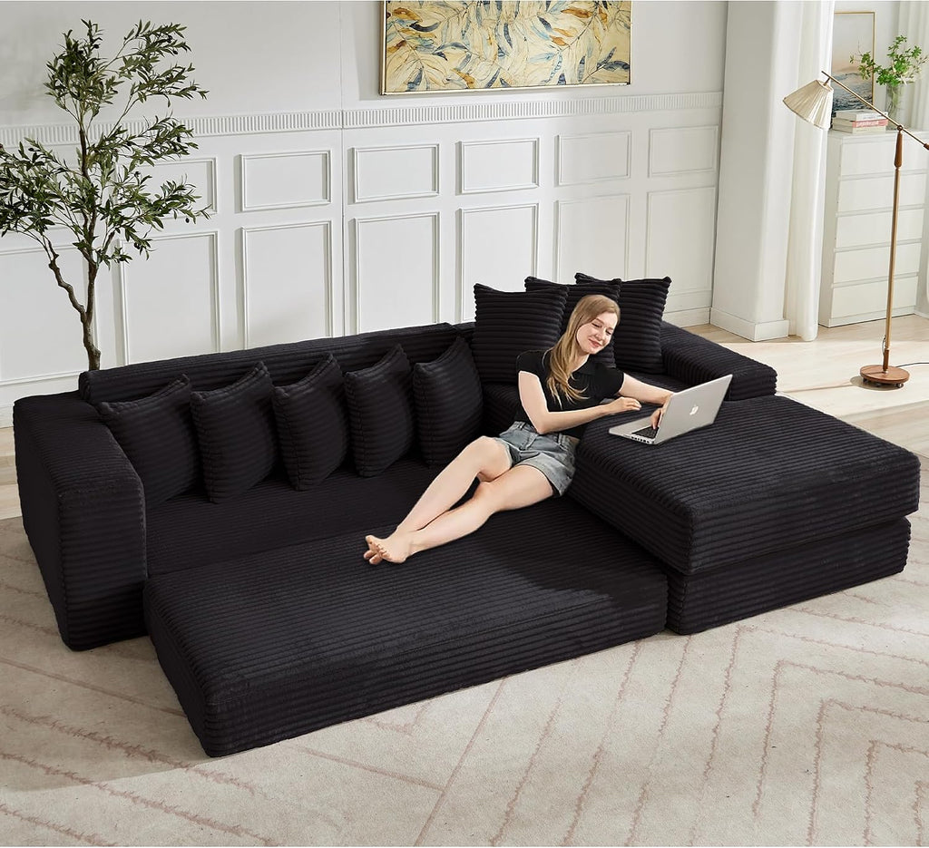 110'' Boneless Couch, Modern Corduroy Couch, Convertible Sleeper Sofa Bed Full, Right L-Shaped Floor Sofa, 8 Pillows, 2 Movable Pockets, Sectional Couches for Living Room, Apartment, Black