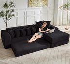 110'' Boneless Couch, Modern Corduroy Couch, Convertible Sleeper Sofa Bed Full, Right L-Shaped Floor Sofa, 8 Pillows, 2 Movable Pockets, Sectional Couches for Living Room, Apartment, Black