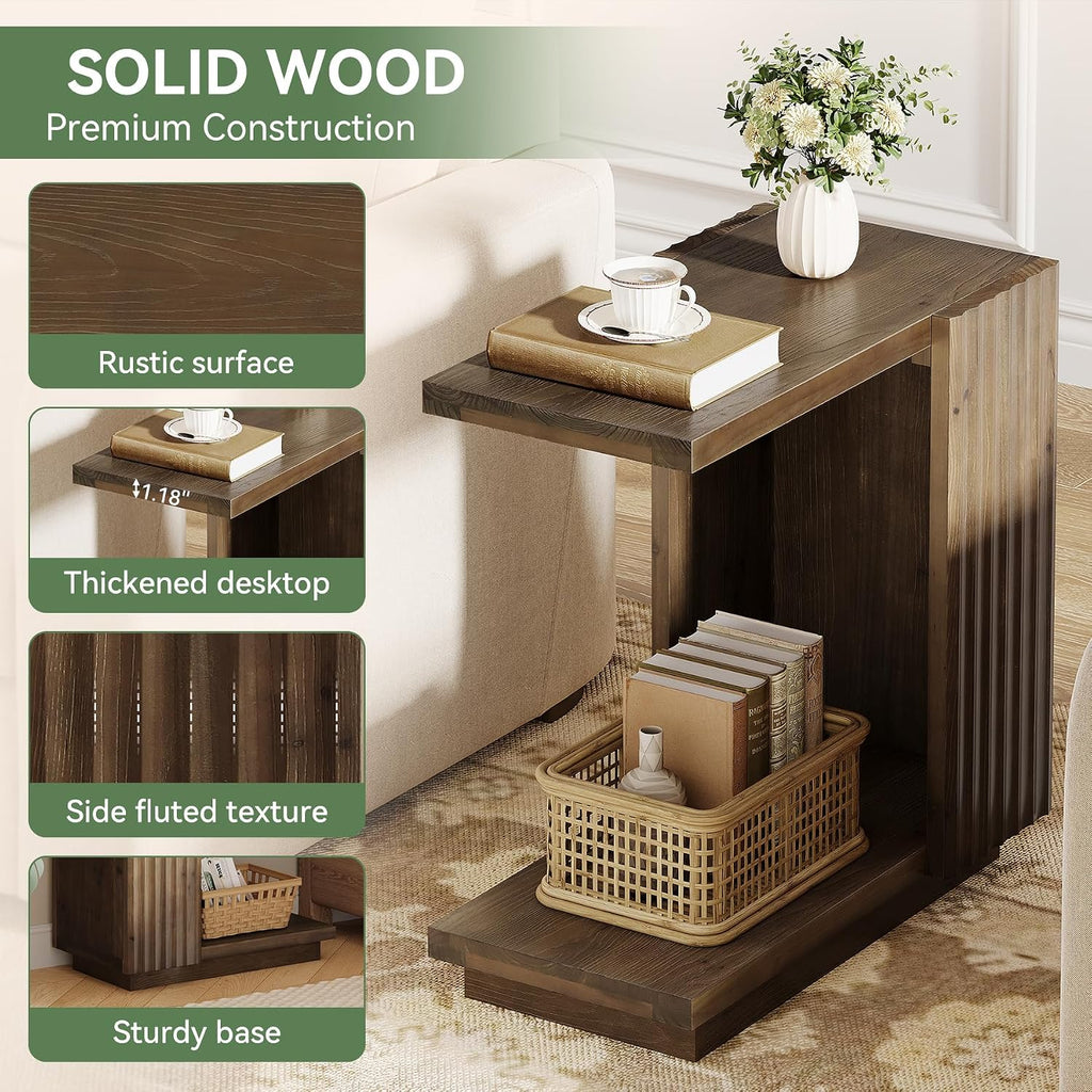 Solid Wood Side Table, C Shaped Narrow Sofa End Table with Fluted Panels and Storage Shelf, Space-Saving Small Nightstand for Small Spaces, Living Room, Bedroom, Vintage Brown