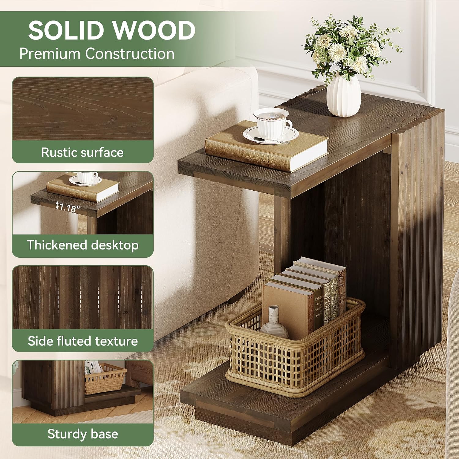 Solid Wood Side Table, C Shaped Narrow Sofa End Table with Fluted Panels and Storage Shelf, Space-Saving Small Nightstand for Small Spaces, Living Room, Bedroom, Vintage Brown