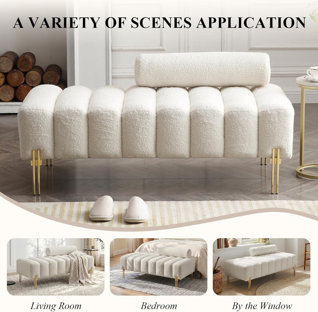 53.2" Width Ottoman Bench, Teddy Upholstered Accent Sofa with Metal Legs, Comfy Love Seat Couches with Adjustable Backrest, End of Bed Bench for Bedroom, Entryway (Beige-Teddy)