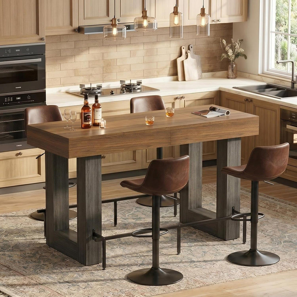 Miereirl 62.99 Inch Counter Height Table，Bar Counter Height Dining Table，Bar Table with Metal Footrest ，for Kitchen, Living Room, Bar， Seats 4-6 People, Brown&Black