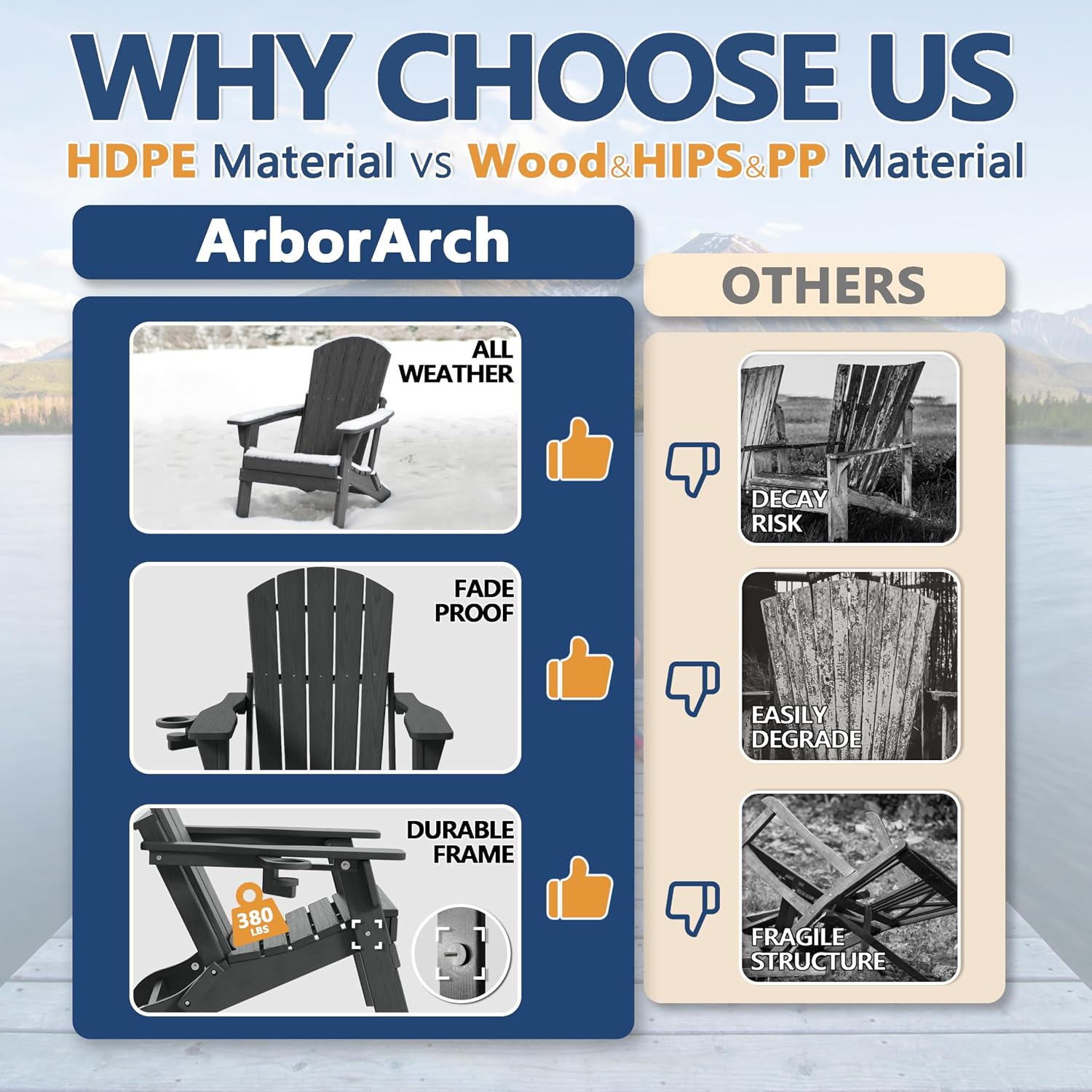 Folding Adirondack Chair with Cup Holder, HDPE All Weather Resistant Plastic Outdoor Patio Chairs, Heavy Duty Fire Pit Seating for Backyard Lawn Garden, Wooden Textured Design(Grey)