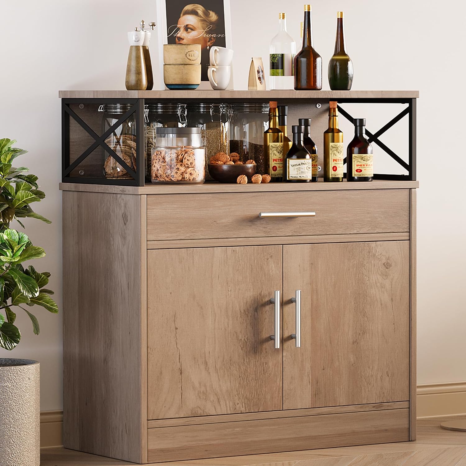 Buffet Cabinet, Coffee Bar Cabinet, Sideboard with Storage and Drawer, Farmhouse Storage Cabinets, Wooden Kitchen Cabinets for Living Room, Hallway, Ivory