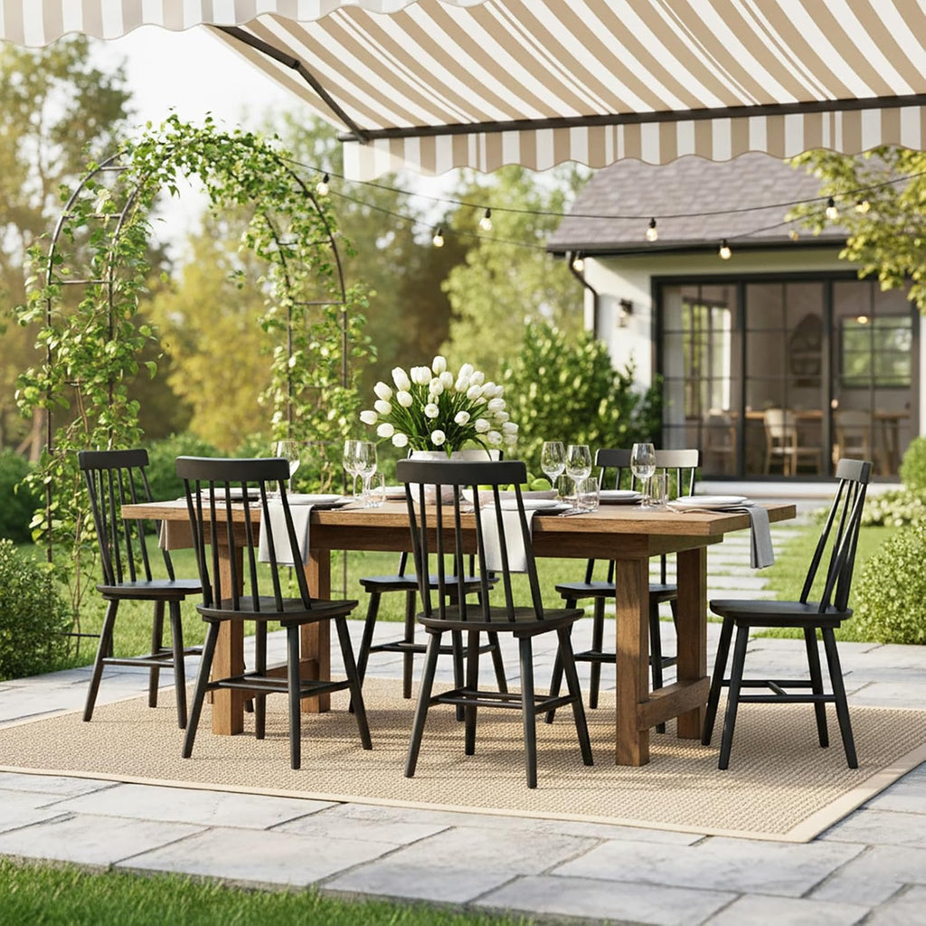 Black Dining Chairs Set of 6, 100% Solid Wood Farmhouse Kitchen Chairs, Armless Cottage Dinner Chair with Spindle Back, Windsor Dining Room Chairs for Kitchen (2 Boxes)