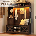 75''H 59''W Large LED Farmhouse Hall Tree with Bench and Shoe Storage,Entryway Bench with Coat Rack,16 Shoe Cubbies & Umbrella Holder and Sock Storage Drawer,Mudroom/Hallway Storages Cabinet(Brown)
