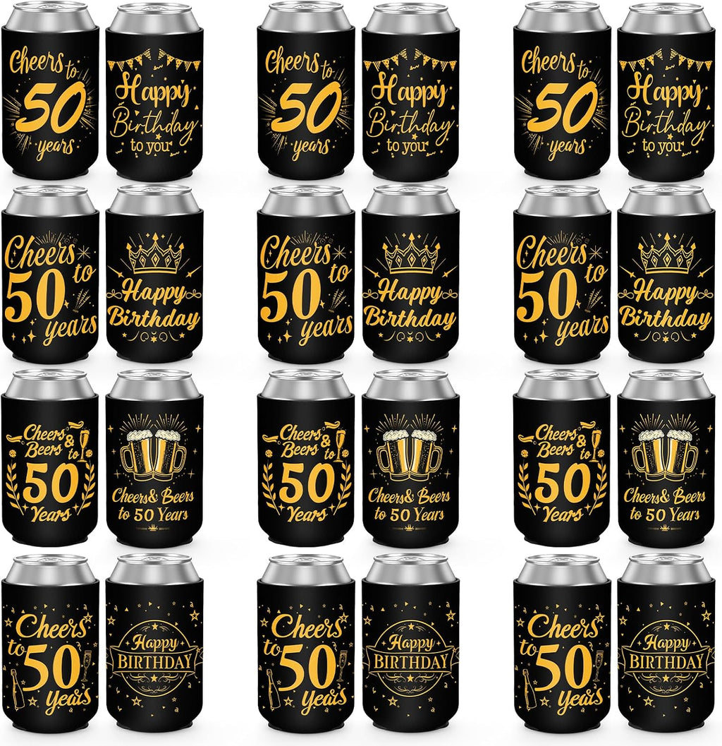 50th Birthday Can Cooler Sleeves for Soda, Beer, Beverages, 12 Pack Neoprene Can Sleeves, 50th Birthday Party Decorations and Party Favors for Women, Men, Black & Gold, 4 Design