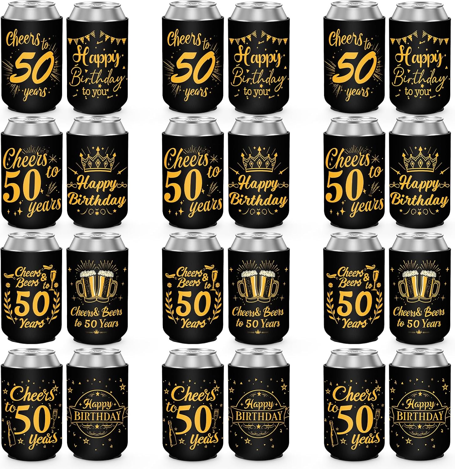 50th Birthday Can Cooler Sleeves for Soda, Beer, Beverages, 12 Pack Neoprene Can Sleeves, 50th Birthday Party Decorations and Party Favors for Women, Men, Black & Gold, 4 Design