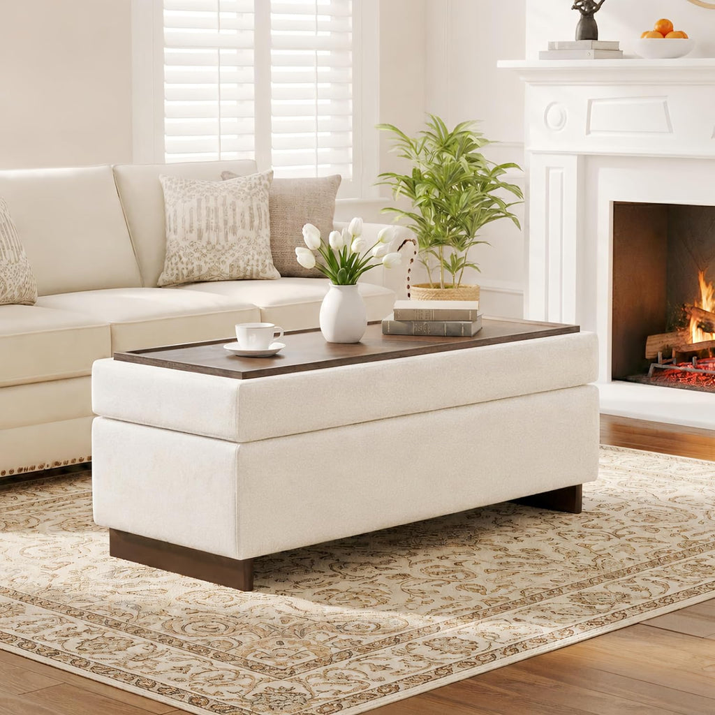 46 Inch Storage Ottoman Coffee Table, Large Upholstered Ottoman Bench with Storage, Wooden Tray and Legs for Living Room,Bedroom,End of Bed,Entryway,Beige