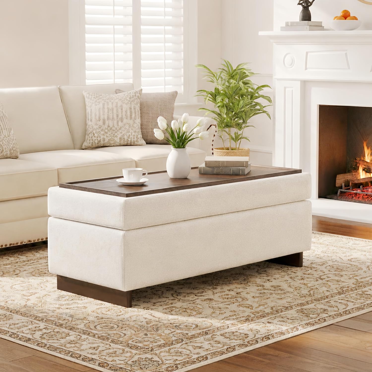46 Inch Storage Ottoman Coffee Table, Large Upholstered Ottoman Bench with Storage, Wooden Tray and Legs for Living Room,Bedroom,End of Bed,Entryway,Beige