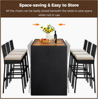Yaheetech 7 Piece Patio Dining Set Outdoor Acacia Wood Bar Table and Chairs with Removable Cushions, Wicker Furniture Set for Deck, Backyard, Garden, Black/Beige