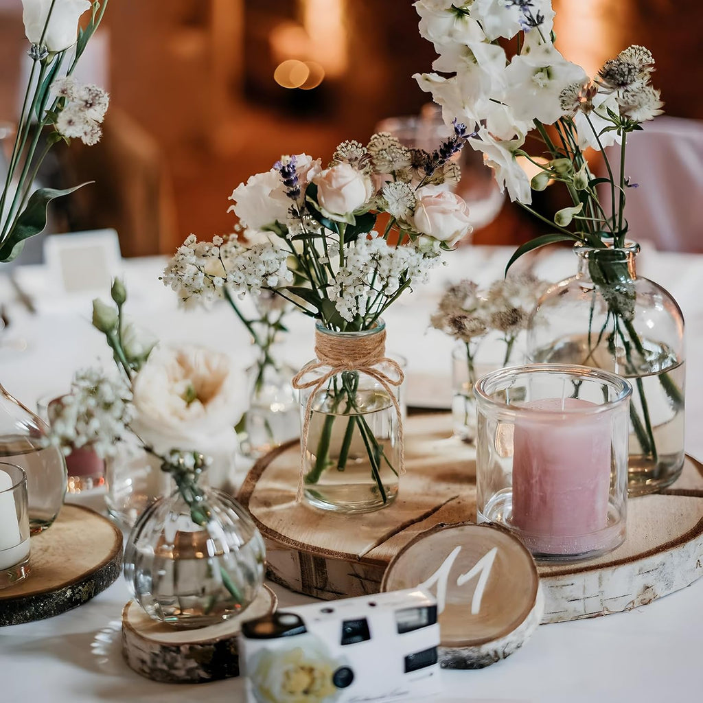 Glass Flower Vases for Centerpieces, 12Pcs Vintage Small Clear Bud Vase for Flowers Mini Crystal Decorative Bottle with Hemp Rope Bows for Housewarming Wedding Birthday Tabletop Decoration