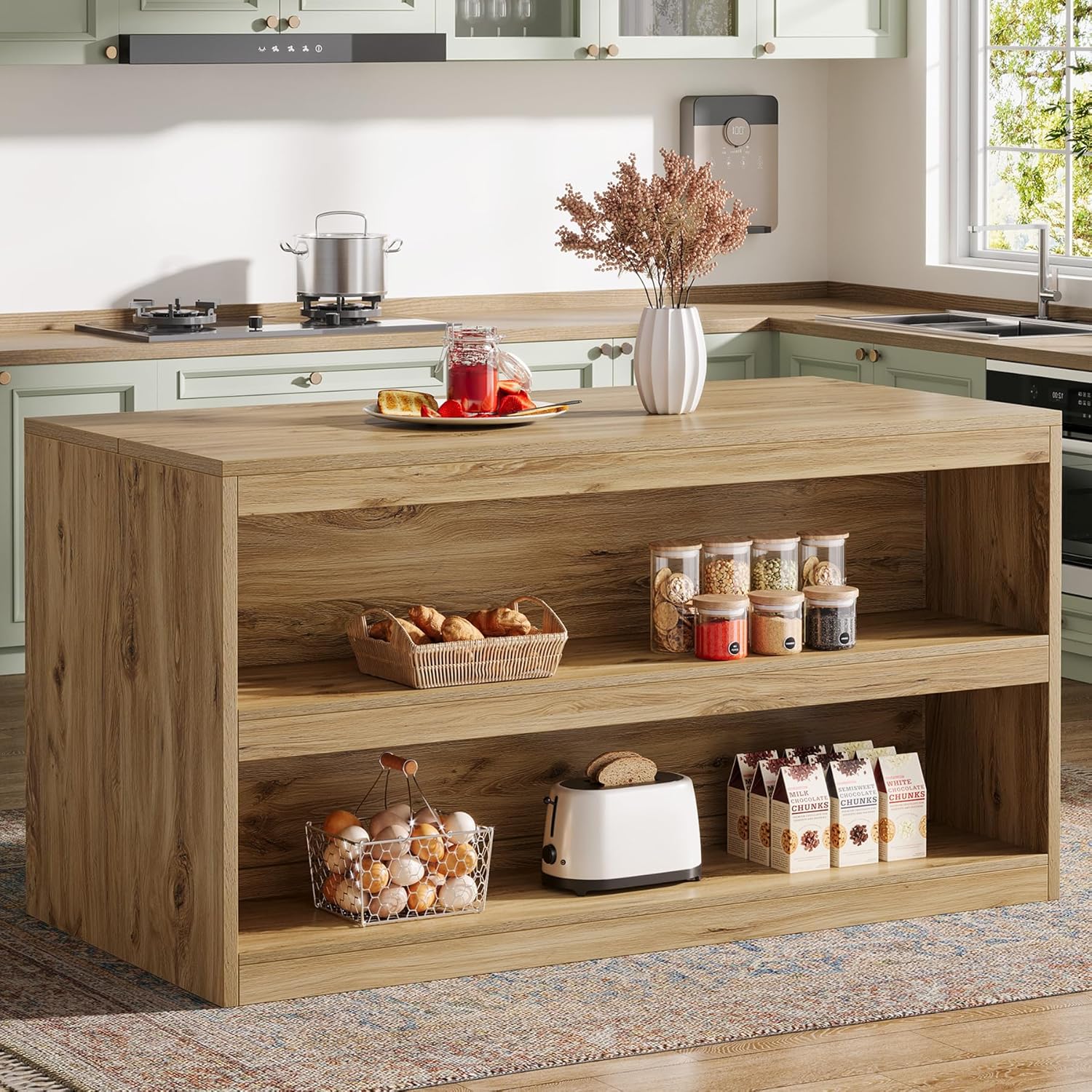 Tribesigns 59-Inch Kitchen Island with Storage, 3-Tier Farmhouse Stationary Island Table with Large Worktop & Seating Area, Rectangular Breakfast Counter for Kitchen, Dining Room, Light Wood
