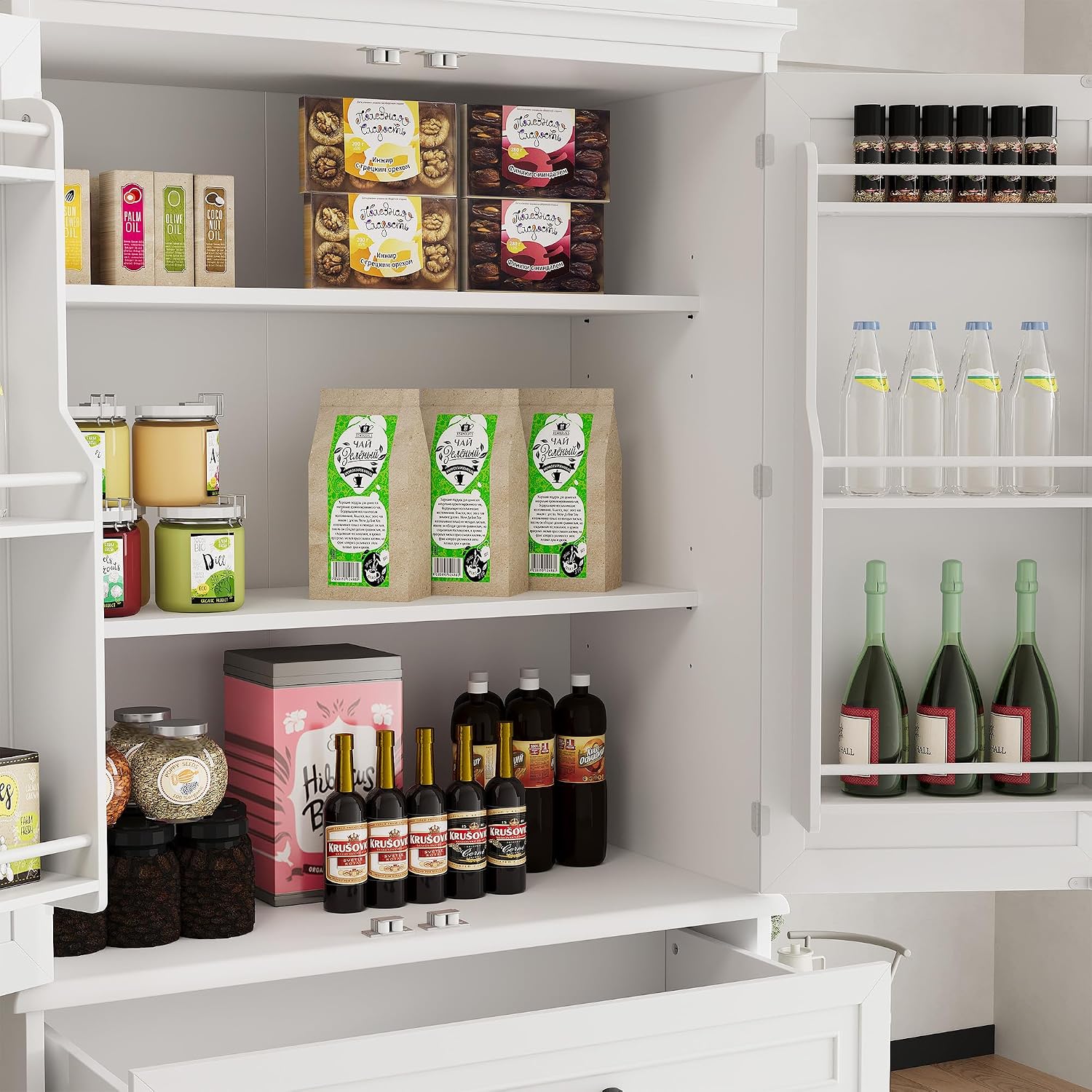 72in Tall Cabinet with Drawer, 6 Doors and Adjustable Shelves, Large Kitchen Pantry Storage Cabinet for Dining Room, Living Room, White