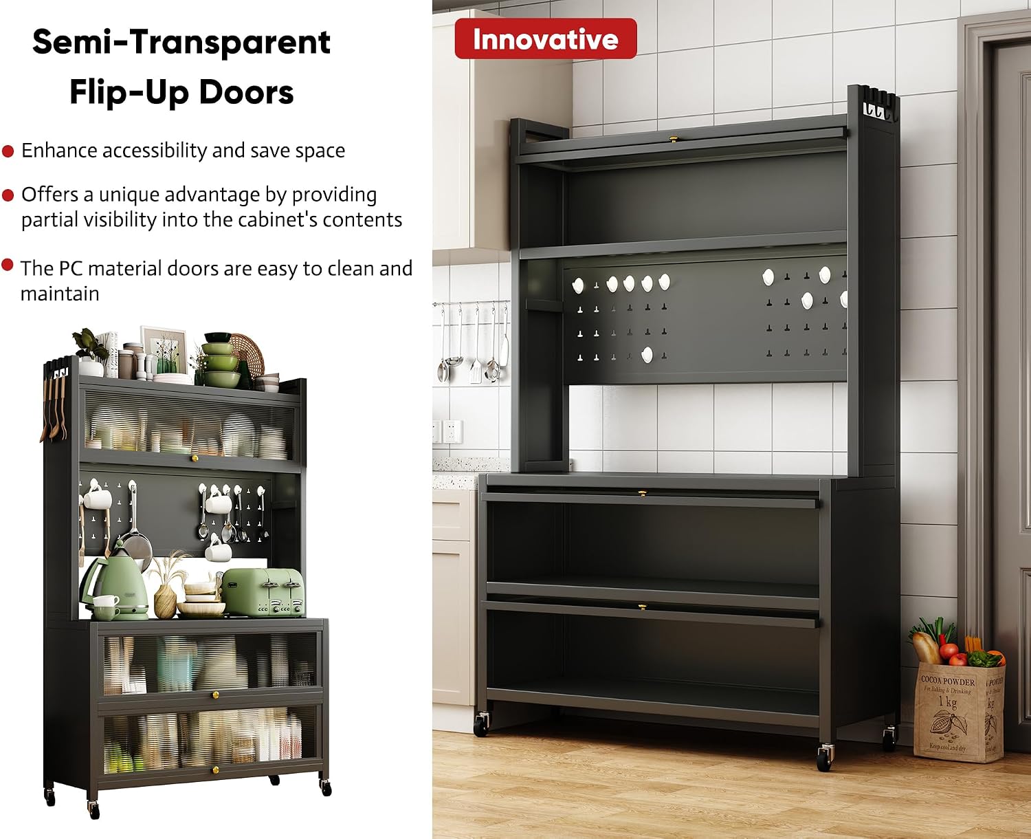 JOYBASE Kitchen Pantry Storage Cabinet with Doors and Wheels, 65" Tall Freestanding Buffet Pantry Cabinet with Microwave Stand Pantry with Storage (Dark Gray, Steel)