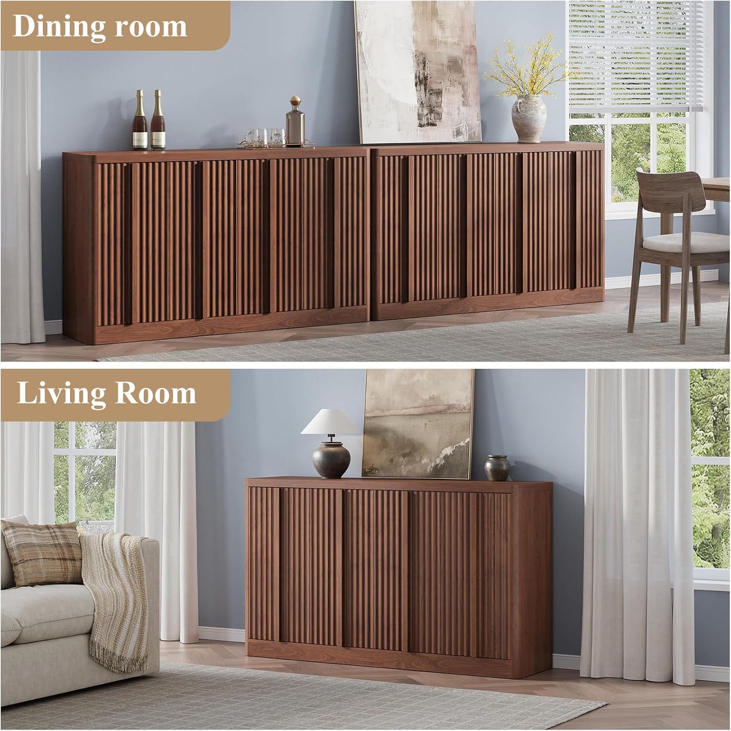 Fluted Buffet Cabinet with Storage, 60" Sideboard Buffet Storage Cabinet with 4 Doors & Adjustable Shelves, Wood Coffee Bar Credenza Storage Cabinet for Kitchen, Living Room, Walnut(1PCS)