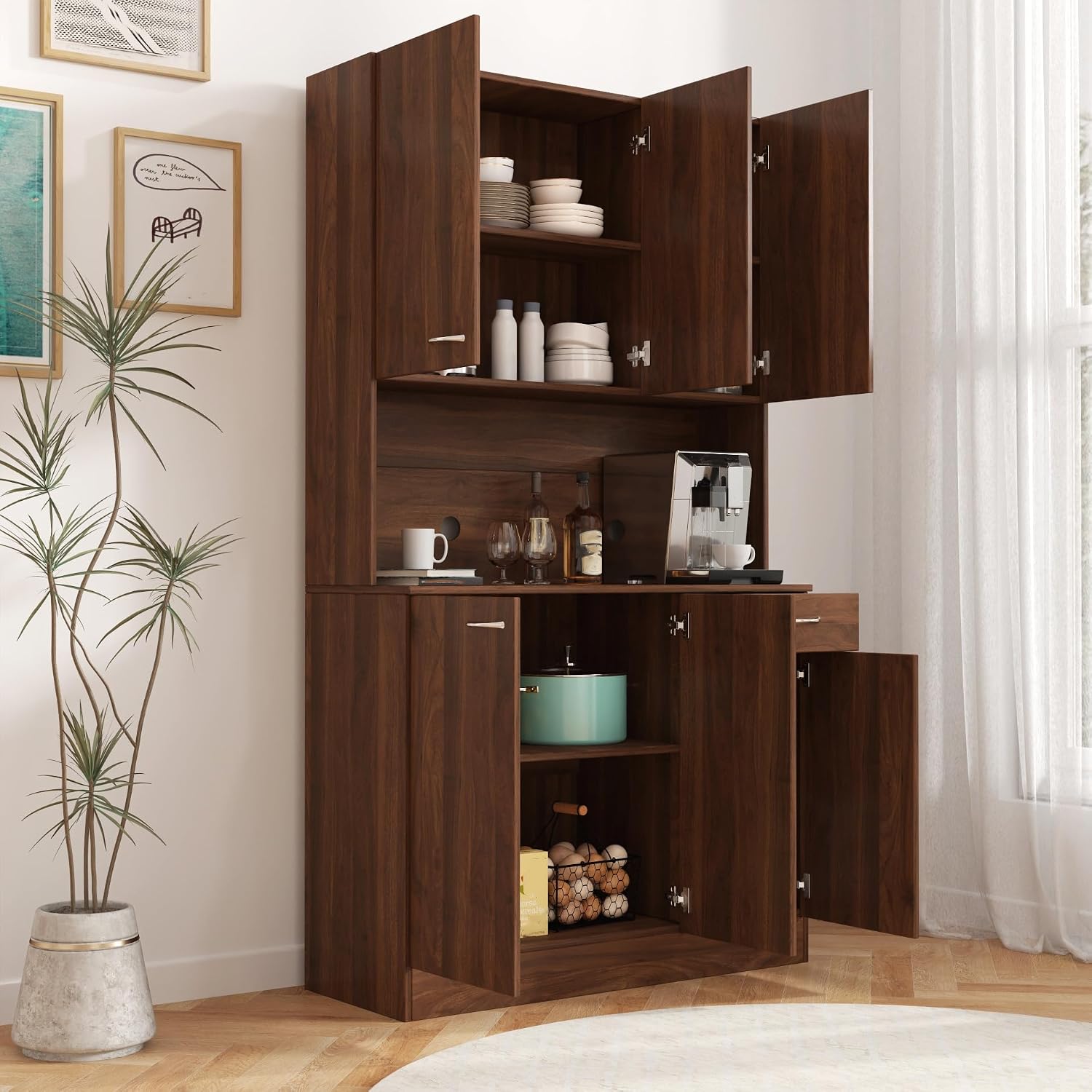 ZeHuoGe 70.86" Tall Pantry Cabinet with 6-Doors, 1-Open Shelves and 1-Drawer for Dining Room,Large Kitchen Hutch,Coffee Bar Station,Kitchen Storage Cabinet (Dark Walnut)