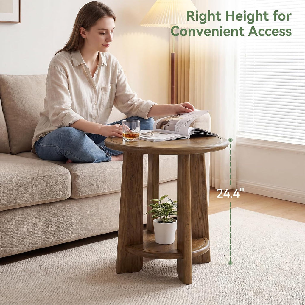 Solid Wood Side Table, 2-Tier Round Accent End Table, Bedside Nightstand with Shelf for Small Space, Living Room, Bedroom, Vintage, Easy Assembly