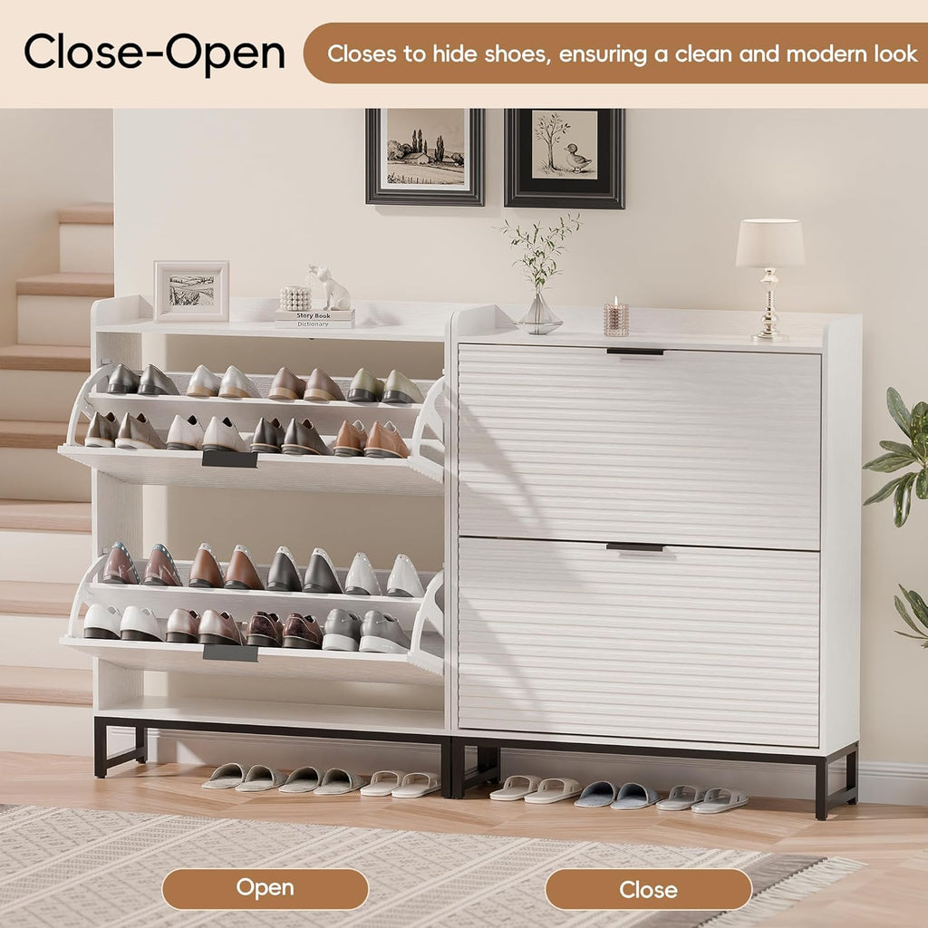 MU Shoe Storage Cabinet with 2 Flip Drawers, Freestanding Fluted Shoe Cabinet, Narrow Wood Shoe Cabinet, Hidden Shoe Organizer with Metal Legs for Entryway, Foyer, Hallway, White