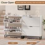 MU Shoe Storage Cabinet with 2 Flip Drawers, Freestanding Fluted Shoe Cabinet, Narrow Wood Shoe Cabinet, Hidden Shoe Organizer with Metal Legs for Entryway, Foyer, Hallway, White