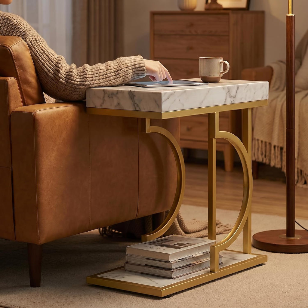 Tribesigns C Shaped Side Table for Coach Modern Narrow End Table with Metal Frame,Sofa Table Bedside Table for Living Room Bedroom (White&Gold)