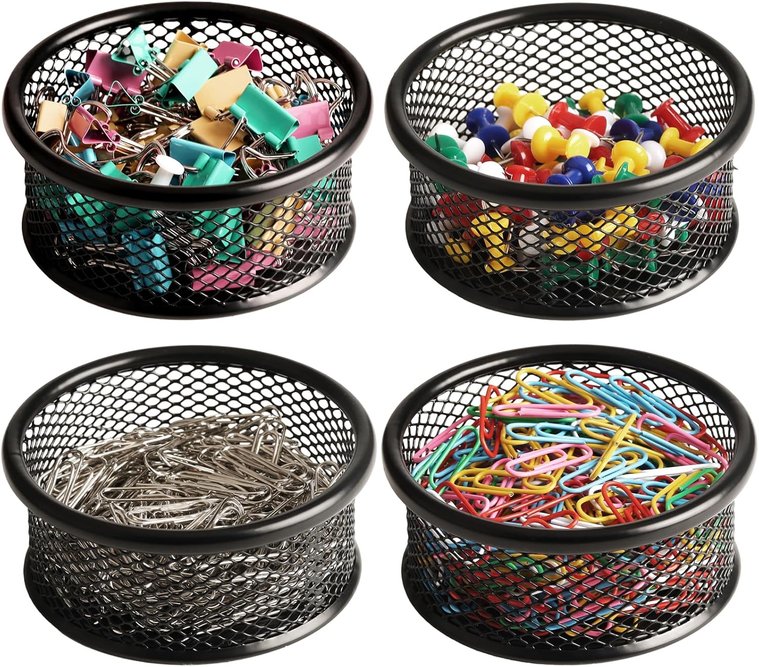 FUCDTEFC Paper Clip Holder, Paperclip Holders for Desk, Mesh Paper Clip Holder for Desk Binder Wire Mesh Bowls, Paper Clip Dispenser Organizer for Holding Small Parts Office Accessories Black 4 Pack