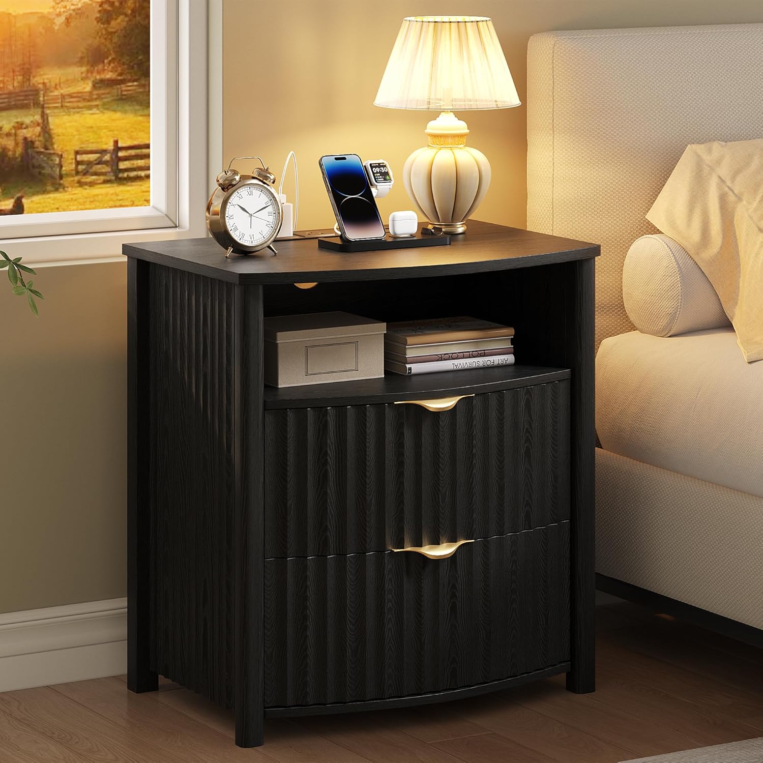 Dystler Fluted Night Stand with Gun Drawer & Card-Lock, 19.7" W Curved Nightstand with Charging Station and LED Lights, 2 Drawers Smart Bedside Table for Bedroom (1, Black)