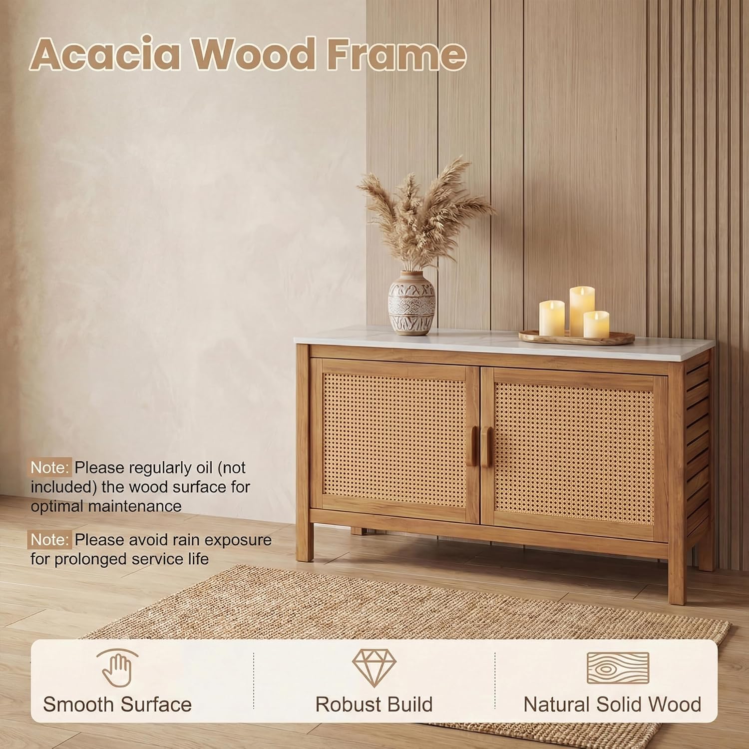 Giantex Acacia Wood Outdoor Cabinet, Storage Cabinet w/Faux Marble Top, Rattan Doors, Interior Shelves & Compartment, Buffet Cabinet, Functional Potting Table for Garden, Patio, Backyard