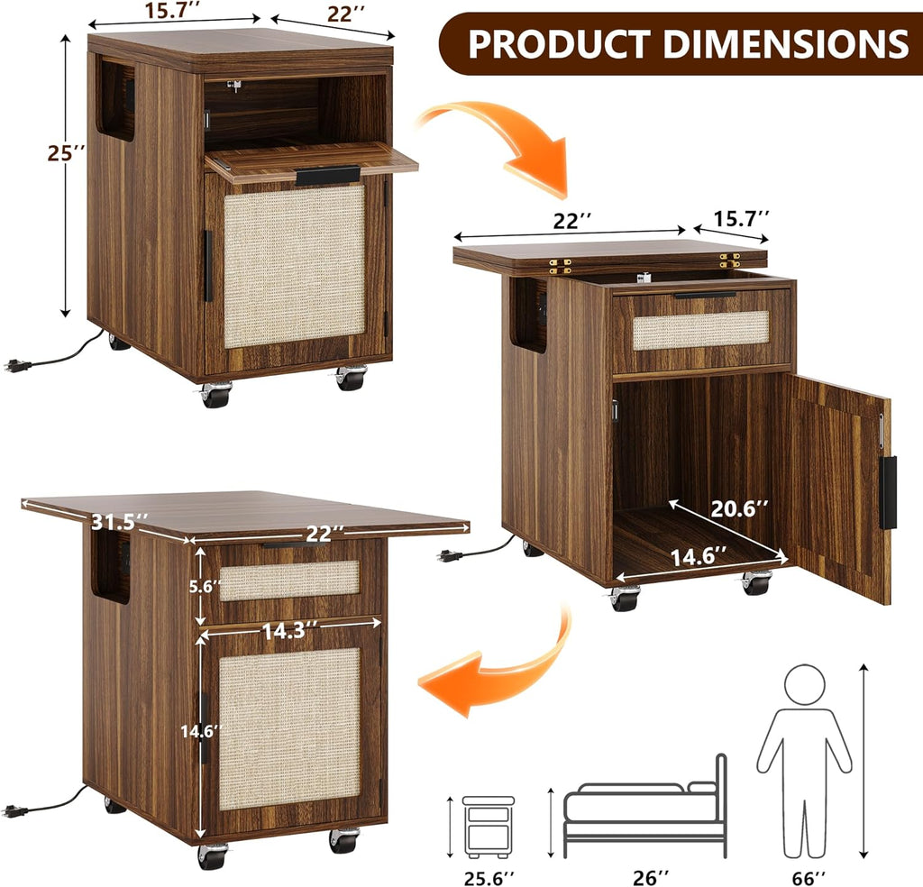 iPormis End Table with Charging Station, 15.7''-31.5'' Narrow Folding Side Table with Flip Top & Drawer, Wooden Sofa Couch Table with Storage Cabinet & Wheels, for Small Spaces Living Room, Walnut