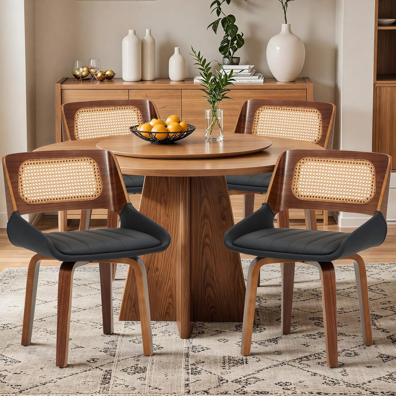 AVAWING Swivel Dining Chairs Set of 4, Mid Century Modern Dining Room Chairs with Cane Back & Leather Seat, Upholstered Rattan Chairs with Walnut Bentwood Frame & Adjustable Foot Pads, Black