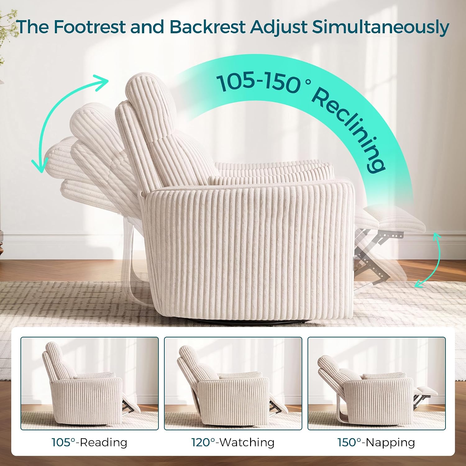 LINSY 220° Swivel Electric Power Recliner Chair, Corduroy Nursing Rocker with USB & Type-C, High Back Adult Comfort Chair with 2 Pillows, Space-Saving for Nursery, Bedroom, Living Room（Beige）