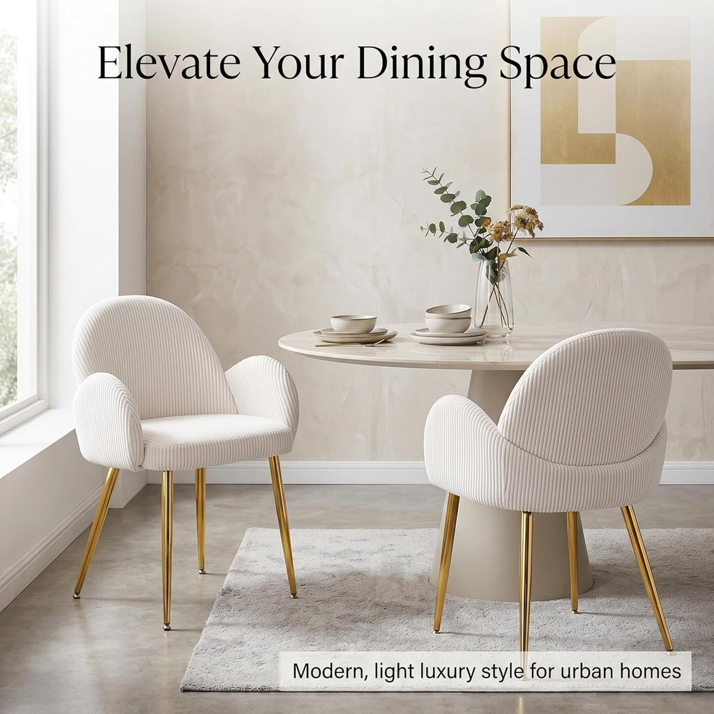 Corduroy Dining Chairs Set of 4, Ergonomic Curved Backrest Armchair with Gold Legs, Elegant Ribbed Upholstery Side Chairs for Glam Living Room & Dining, Cream White