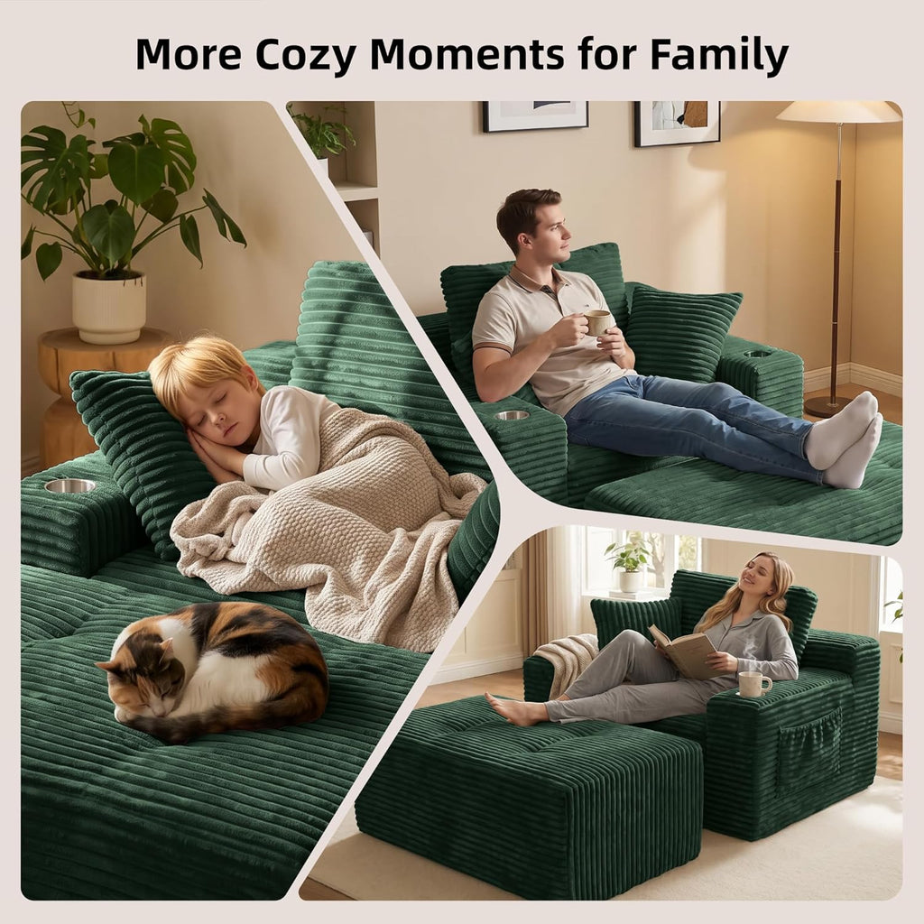 66’’ Oversized Chaise Lounge Chair Indoor, Deep Seat Corduroy Reading Chair Snuggler with Ottoman, Boneless Floor Couch with Cup Holders & Side Pockets, Floor Sleeper Sofa for Home,Dark Green