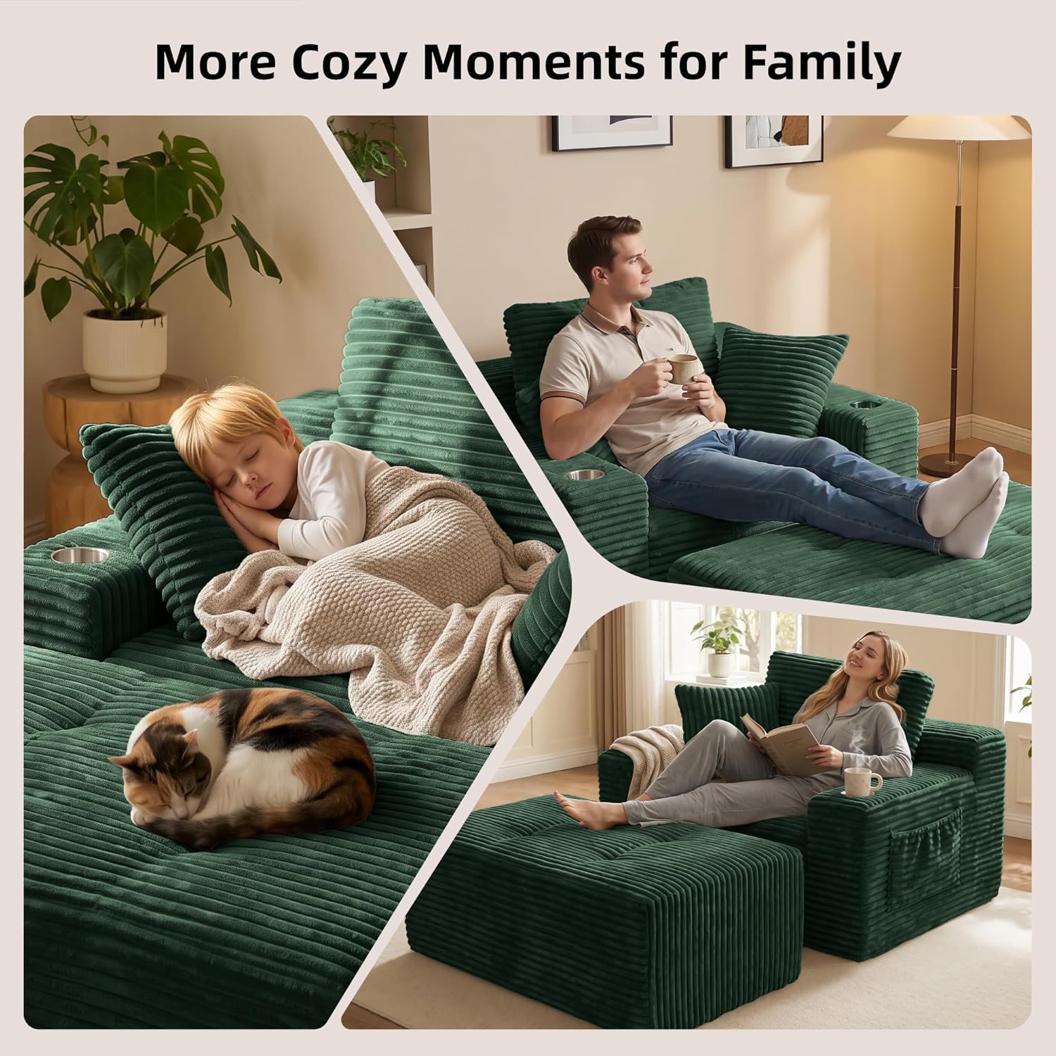 66’’ Oversized Chaise Lounge Chair Indoor, Deep Seat Corduroy Reading Chair Snuggler with Ottoman, Boneless Floor Couch with Cup Holders & Side Pockets, Floor Sleeper Sofa for Home,Dark Green