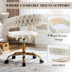 NIOIIKIT Woven Home Office Chair, Velvet Upholstered Desk Chair with Open Back, Height Adjustable Task Chair, Office Armchair with Wheels, Vanity Chair, Computer Chair for Office (Beige)