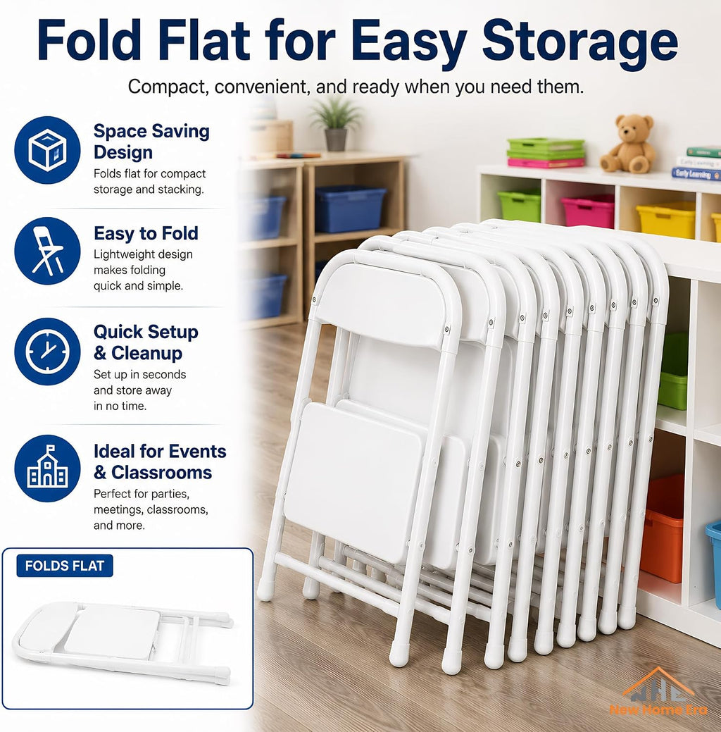 Timmy Kids Plastic Folding Chair, White Kids Chair with Steel Frame, Portable Foldable Child Chair for Classroom, Daycare, Parties & Events, 220 lb Capacity (White, Pack of 10)