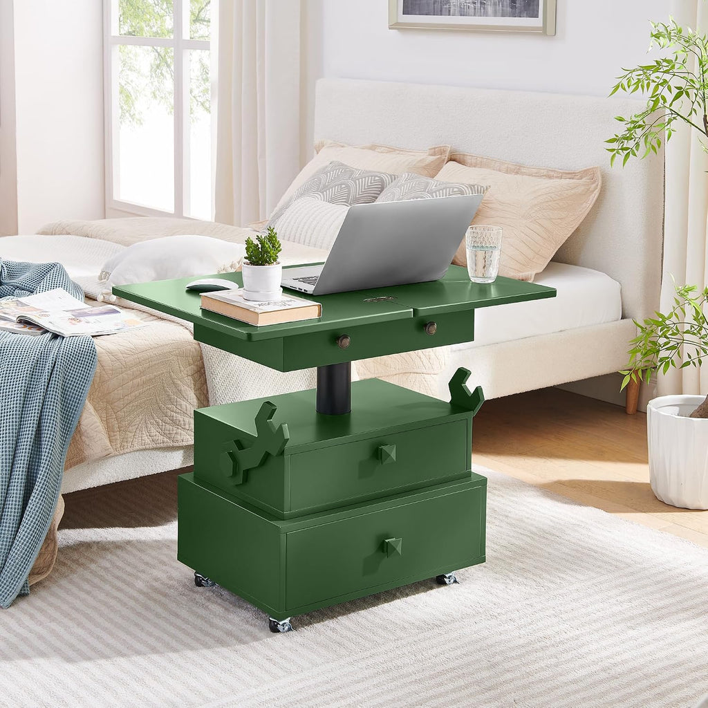 High Gloss Rolling Lift Top End Table with Charging Station, Height Adjustable Mobile Side Table with Storage Drawer and Lockable Wheels, Space-Saving Nightstand for Living Room Bedroom, Green