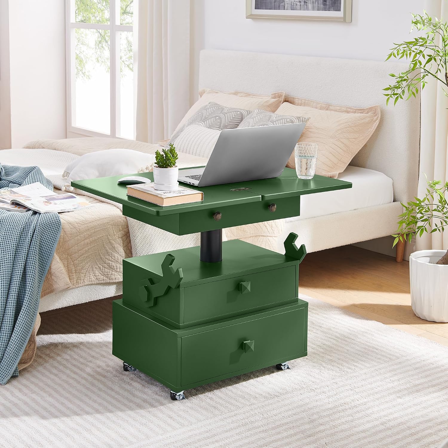 High Gloss Rolling Lift Top End Table with Charging Station, Height Adjustable Mobile Side Table with Storage Drawer and Lockable Wheels, Space-Saving Nightstand for Living Room Bedroom, Green