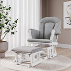 Child Craft Cozy Glider Rocker and Ottoman Set, Smooth Quiet Gliding Motion, Padded Cushion with Convenient Storage Pockets, Solid Wood Base & Frame (Matte White with Light Gray Cushion)