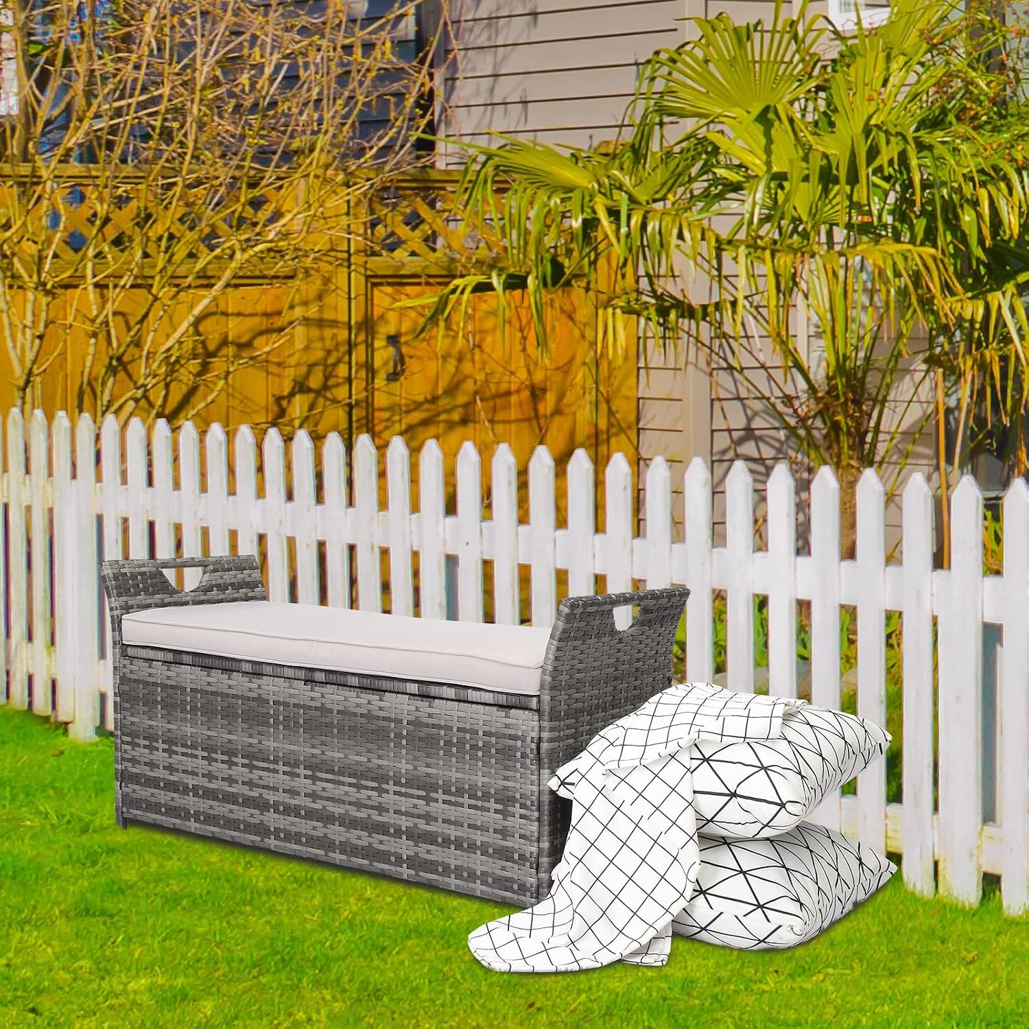 Wicker Outdoor Storage Bench,33 Gallon Rattan Deck Box with Side Handles & Soft Cushion,Patio Bench with Storage,Outdoor Furniture for Pillows,Garden Tools,Pool Accessories,Sports Equipment (Gray)