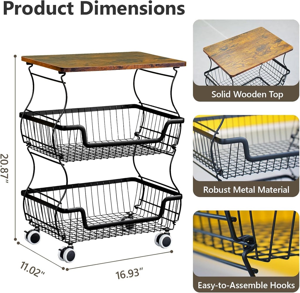2 Pack Utility Rolling Cart 3-Tier Metal Storage Organizer Cart with Wooden Top Snack Rack Pantry Cart with Wheels for Kitchen, Bathroom, Office, Bedroom, Living Room, Black