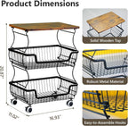 2 Pack Utility Rolling Cart 3-Tier Metal Storage Organizer Cart with Wooden Top Snack Rack Pantry Cart with Wheels for Kitchen, Bathroom, Office, Bedroom, Living Room, Black