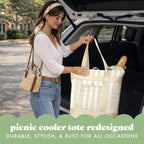 Fit & Fresh Insulated Grocery Tote Bag – Large Reusable Thermal Cooler Bag for Shopping, Food Delivery & Catering – Premium Leak Resistant Food Carrier, Foldable Soft Cooler, Taupe Stripe