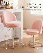 COMHOMA Vanity Chair with Wheels Velvet Tall Office Chair with Back,Armless Desk Chair Comfy Height Adjustable, Soft Lumbar Support for Girls Bedroom Home Vanity Bow Pillow for Gift Pink